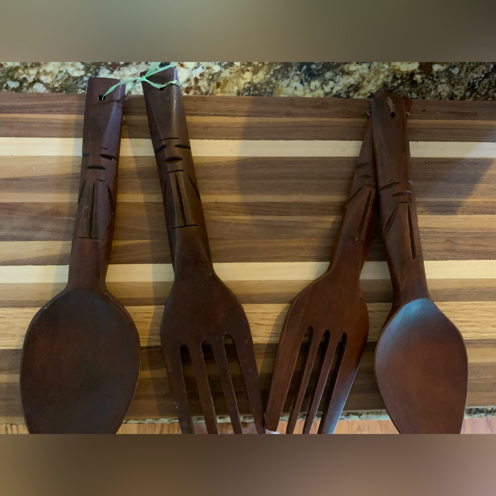 MCM Wooden Tiki Carved Large Spoon & Knife ( 13" Long) Set Of Two